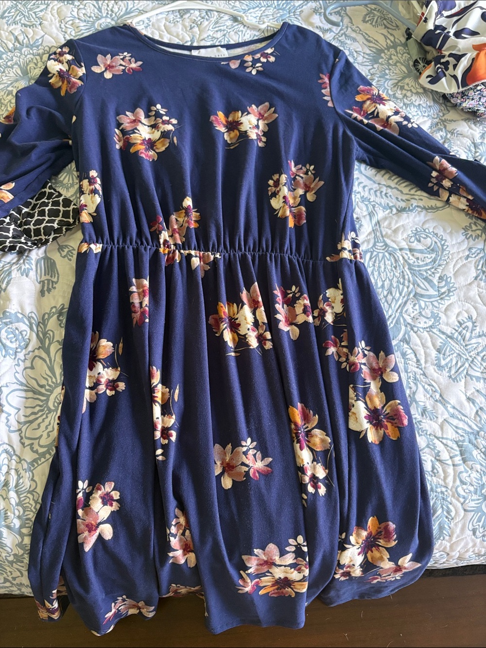 French Grey Navy Floral Long-Sleeve Dress